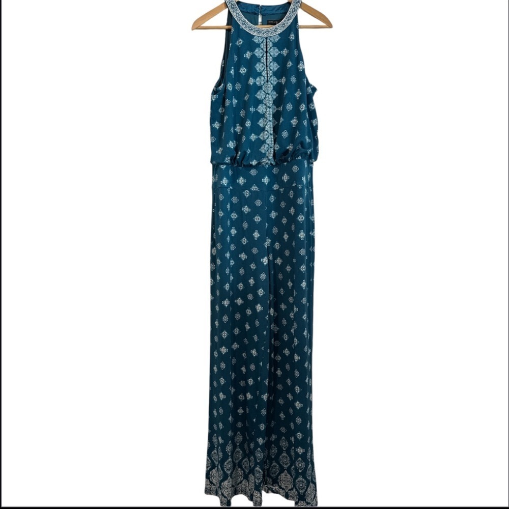 🔵 White House Black Market Twilight Teal Ecru Patterned MJ Jumpsuit Sz Med NWT - Picture 1 of 10